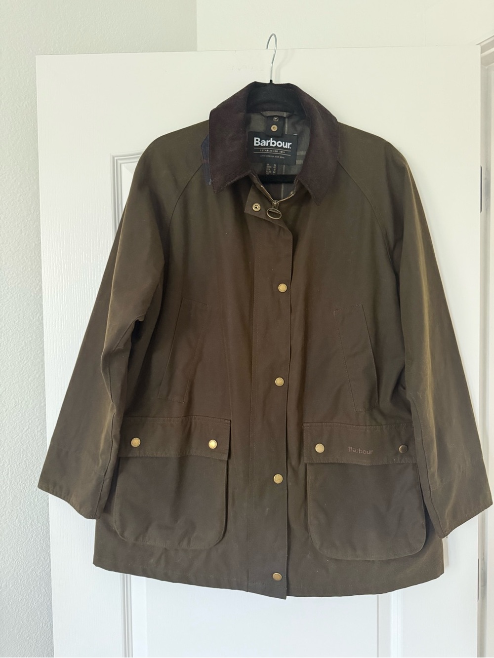 Barbour Women's Olive Acorn Waxed Cotton Jacket with Corduroy Collar